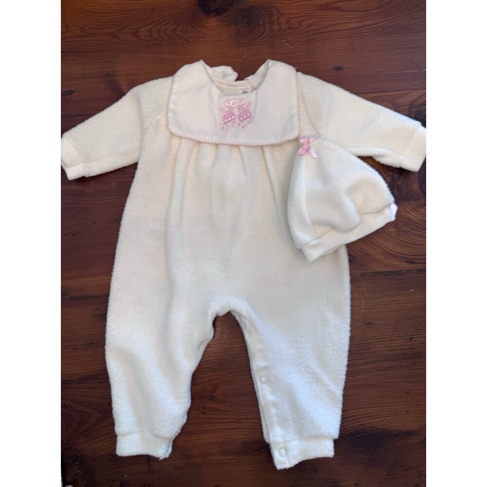 Vintage Carters Baby Girl White Fleece Playsuit & Hat 0-3 Months